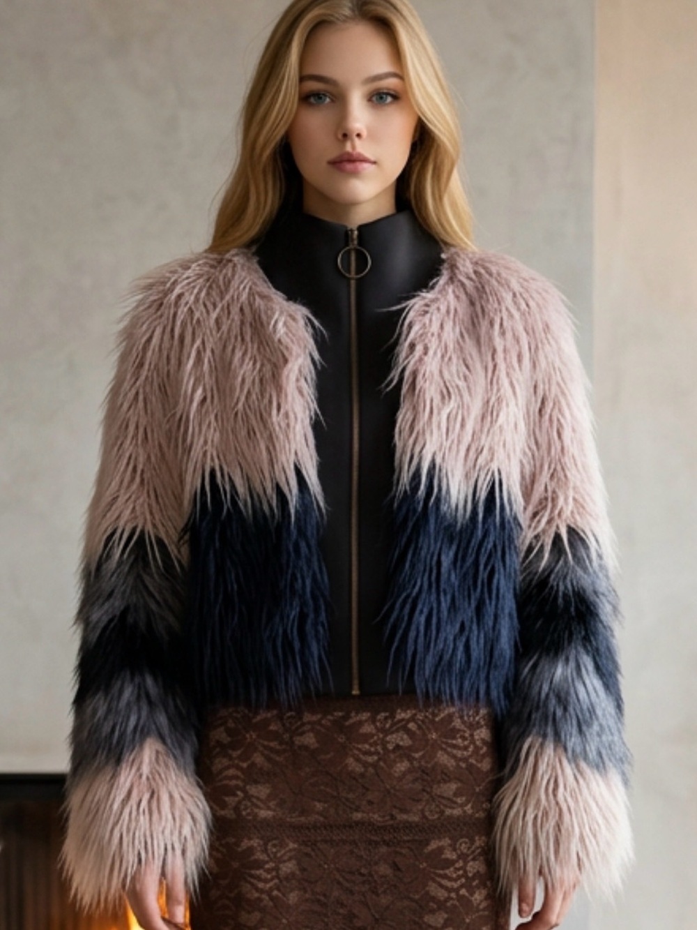 Young Fabulous & Broke Blush Pink and Navy Faux Fur Colorblock Jacket